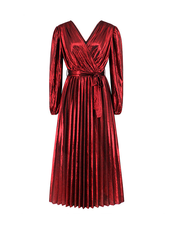 High Waisted Long Sleeves Bronzing Elasticity Pleated Solid Color Tied Waist Deep V-Neck Maxi Dresses