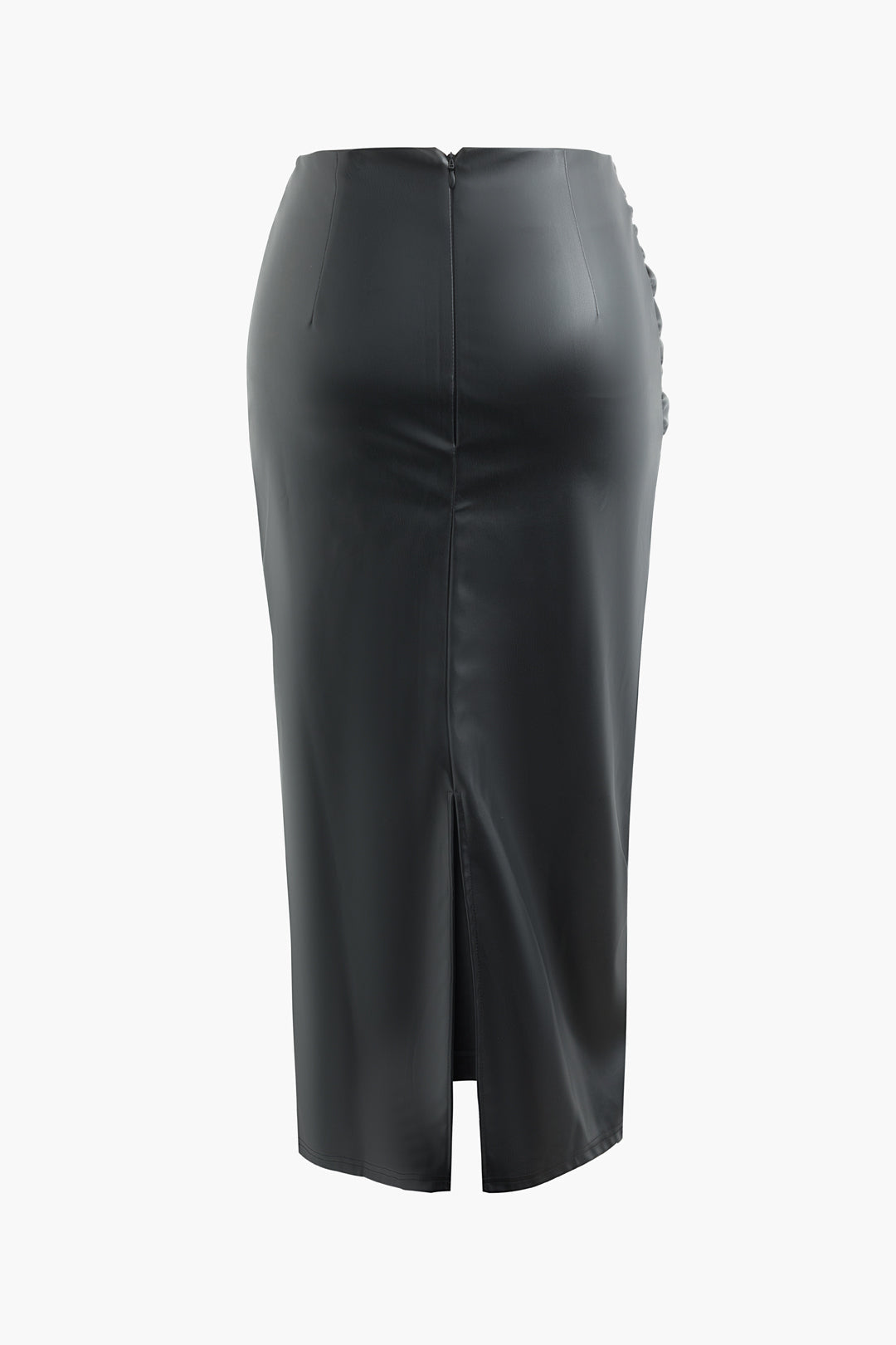 High Waist Faux Leather Ruched Slit Skirt