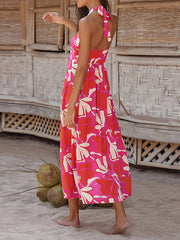 Hollow Printed Split-Joint A-line Loose Halter-Neck Midi Dresses
