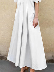 Pleated Solid Color Split-Joint A-line Loose Lapel Shirt Dress Maxi Dresses