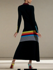 Long Sleeves Skinny Buttoned Contrast Color Striped Lapel Maxi Dresses Shirt Dress