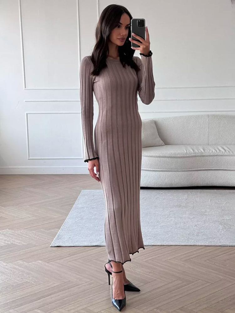 TARXUXY Long Sleeve Knitted Dress For Women Autumn Winter Slim Sexy Striped Sweater Long Dresses Female Elegant Party ClothesChristmas Gifts