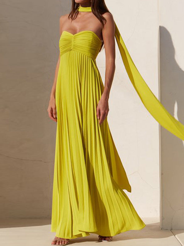 Solid Color Pleated Tube Elegant Maxi Dresses