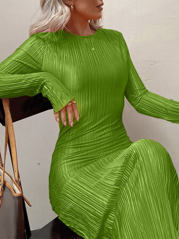 Pleated Solid Color Split-Joint Long Sleeves Skinny Round-Neck Maxi Dresses