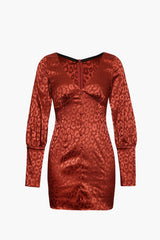 Jacquard Satin V Neck Buttons Long Sleeve Mini Dress