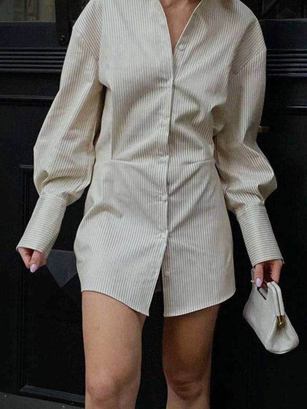 Flared Sleeves Long Sleeves Buttoned Striped Lapel Mini Dresses Shirt Dress