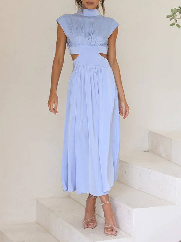 Belly-Hollow Pleated Solid Color Cap Sleeve Stand Collar Maxi Dresses