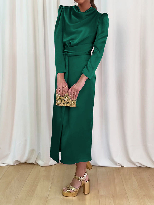 A-Line High Waisted Pleated Solid Color Split-Front Mock Neck Maxi Dresses