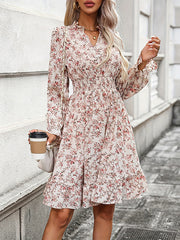 A-Line Long Sleeves Elasticity Flower Print V-Neck Midi Dresses