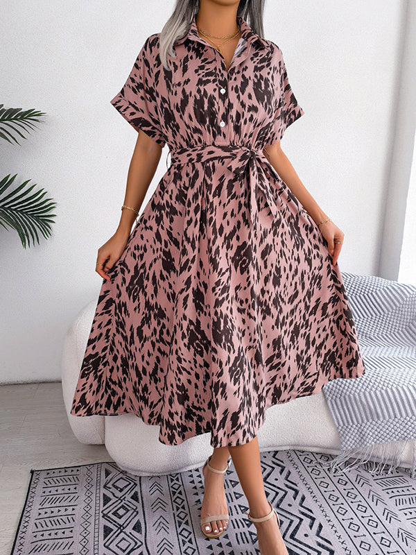 Loose Short Sleeves Leopard Ribbed Lapel Midi Dresses