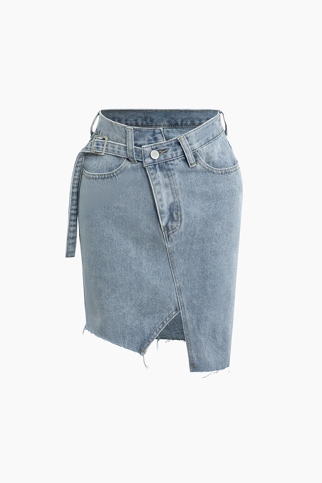 Asymmetrical Hem Belted Split Denim Skirt