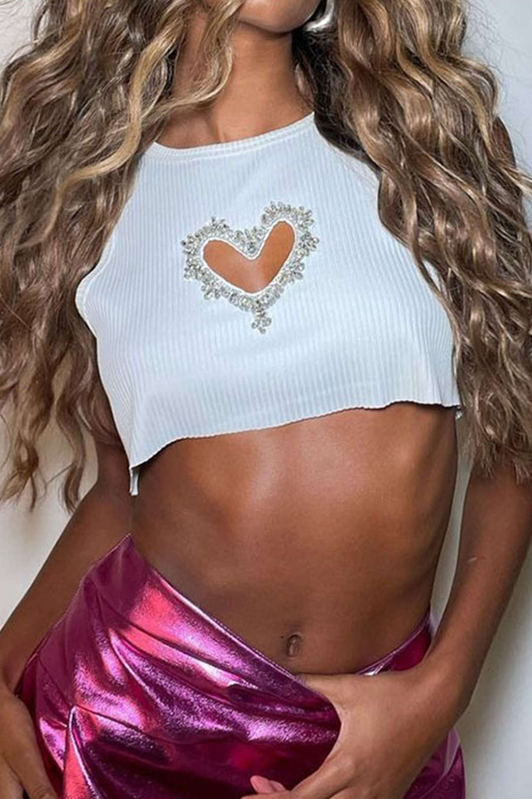 Heart Rhinestone Embellished Cut Out Crop Tank Top