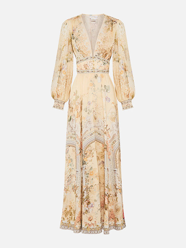 Floral Printed Long Sleeves Ruffled Elegant Maxi Dresses
