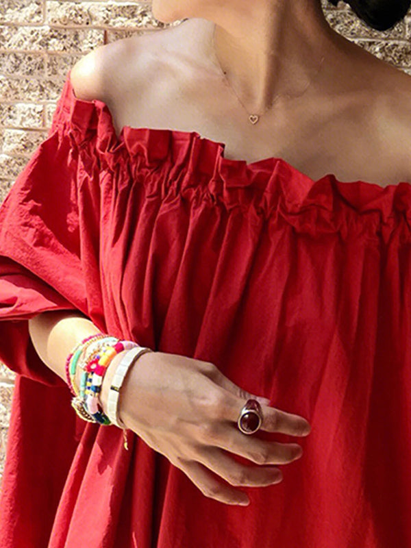 Half Sleeves Loose Elasticity Pleated Solid Color Off-The-Shoulder Maxi Dresses