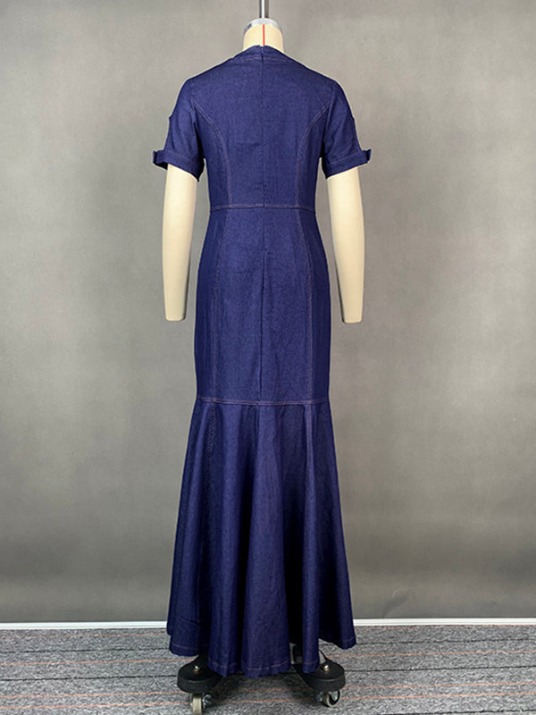 Buttoned Hollow Split-Joint Bodycon Mermaid Round-neck Maxi Dresses