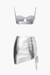 Metallic Bra Top And Asymmetric Drawstring Mini Skirt Set
