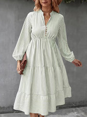 Pleated Split-Joint Striped Loose Puff Sleeves V-Neck Shirt Dress Midi Dresses