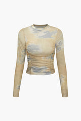 Tie Dye Ruched Mesh Long Sleeve Top