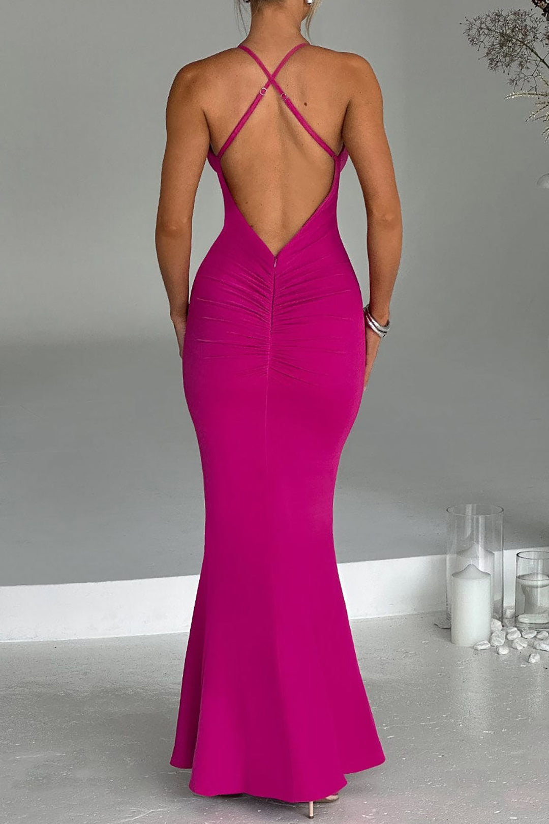 3D Flower Cross Strap Backless V-neck Ruched Maxi Dress