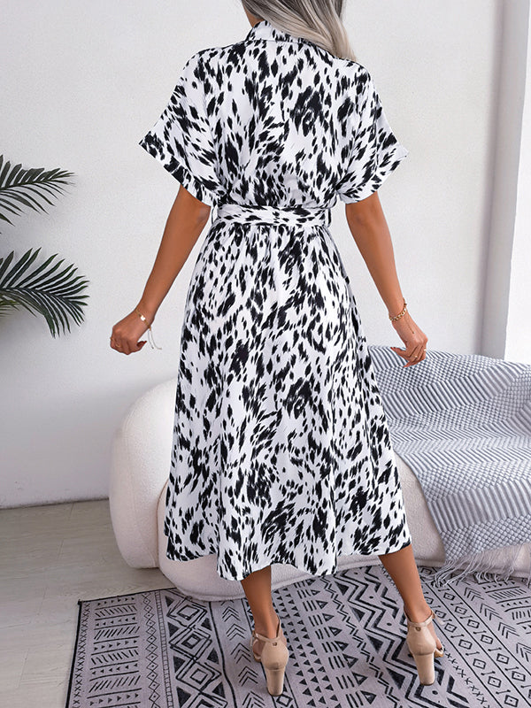 Loose Short Sleeves Leopard Ribbed Lapel Midi Dresses