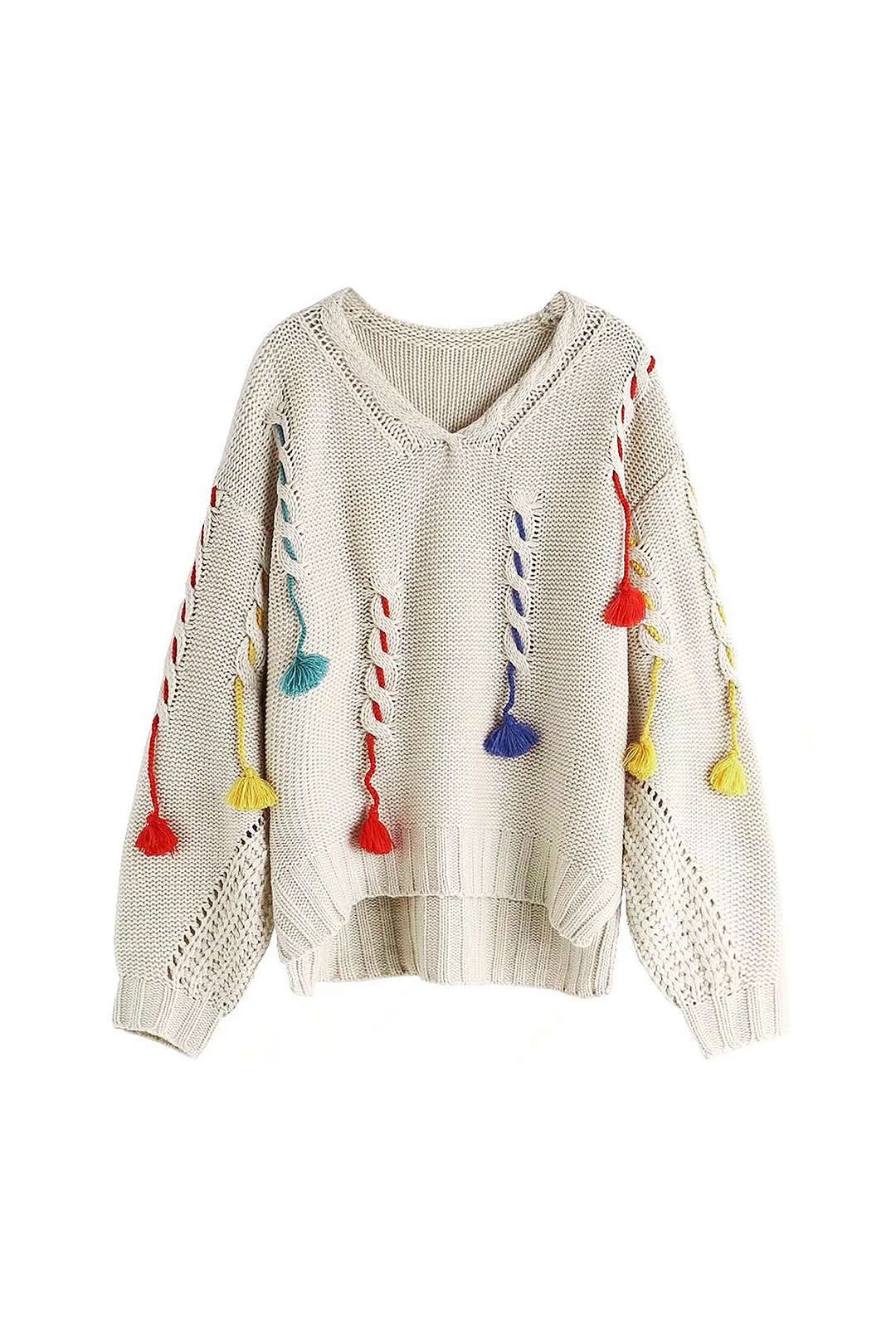 Tassel Detail V-neck Cable Knit Pullover Sweater