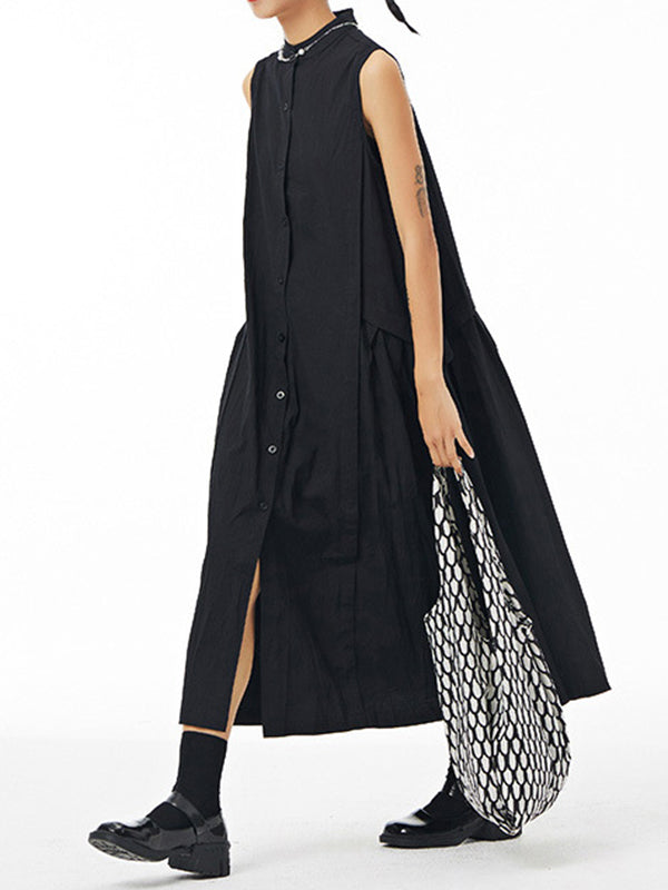 Pleated Solid Color Loose Sleeveless Stand Collar Shirt Dress Midi Dresses