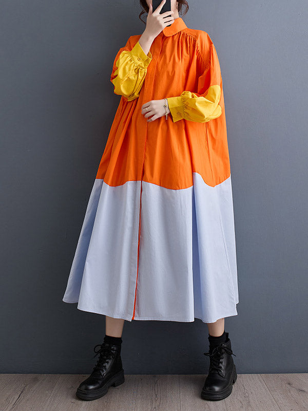 Contrast Color Pleated Split-Joint Loose Puff Sleeves Lapel Shirt Dress Midi Dresses