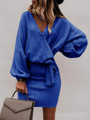 Solid Color Lace-Up Loose Long Sleeves Mini Dress