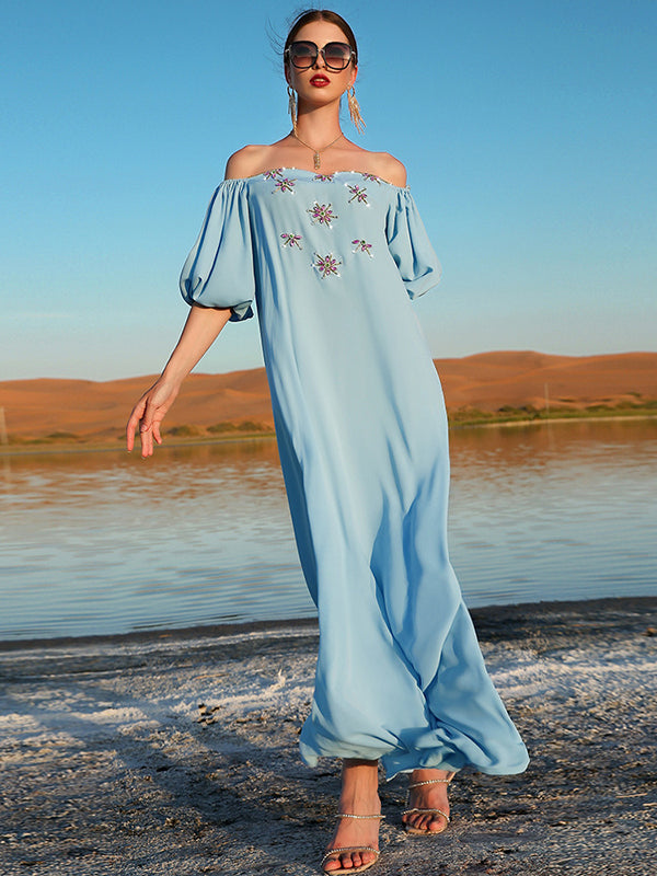 Vacation Loose Puff Sleeves Solid Color One-Shoulder Dress