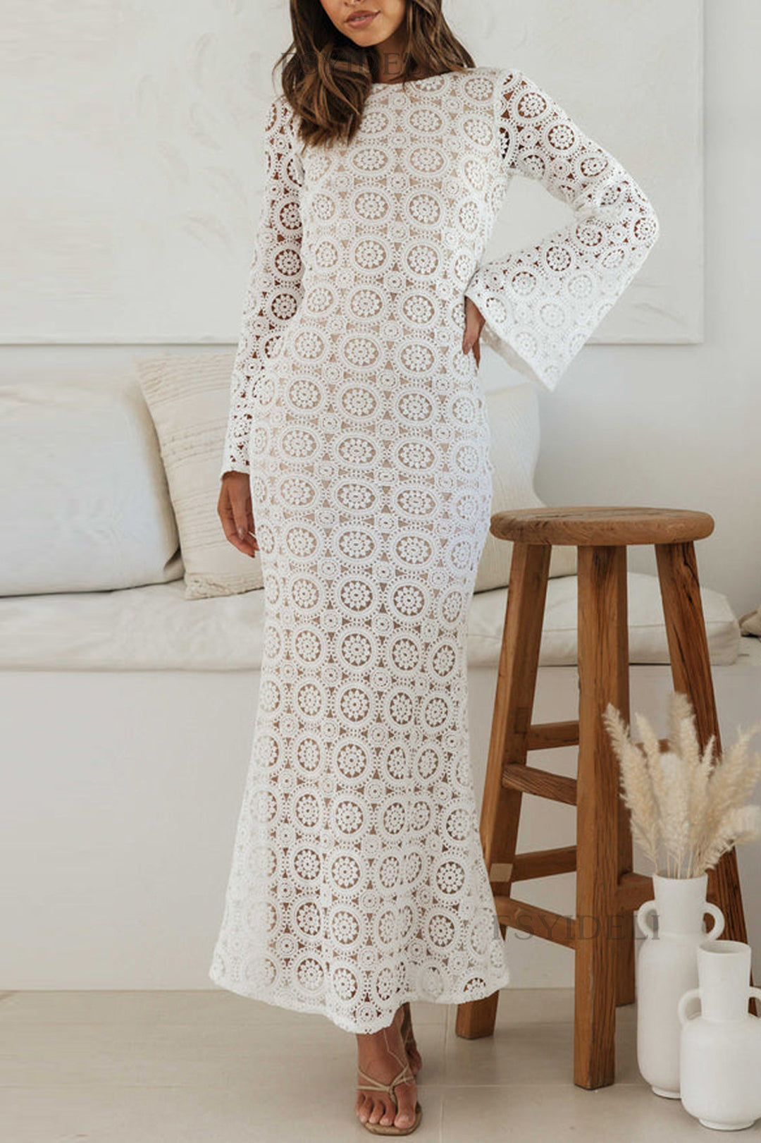 Floral Jacquard Backless Tie Back Sleeve Knit Maxi Dress