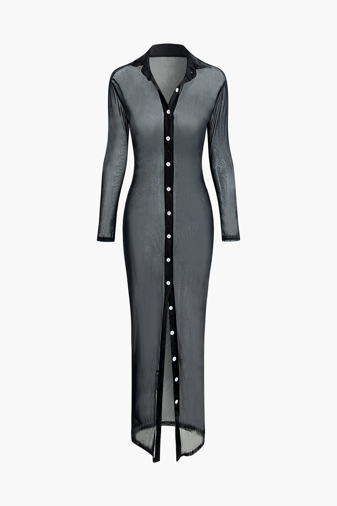 Sheer Mesh Collar Button Up Maxi Dress