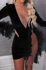 Deep V-neck Patchwork Feather Long Sleeve Mini Dress