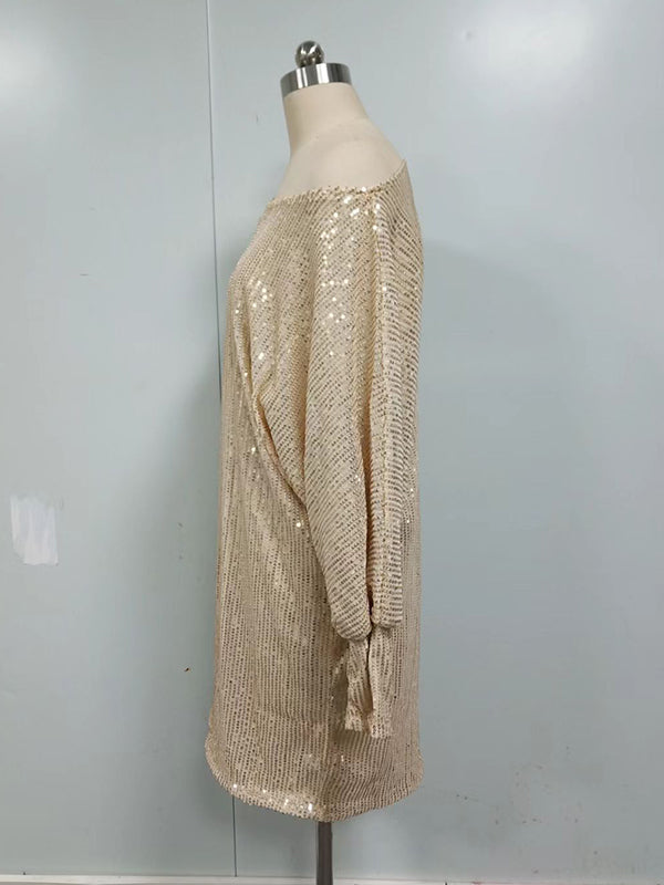Asymmetric Sequined Solid Color A-line Loose One-shoulder Short Dresses Mini Dresses