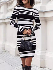 Flared Sleeves Loose Contrast Color Split-Joint Striped Patterns Round-Neck Mini Dresses Sweater Dresses