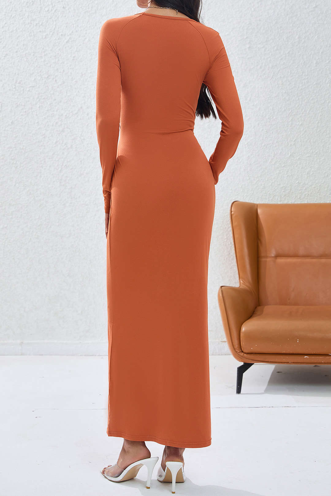 Solid Twist Cut Out Long Sleeve Maxi Dress