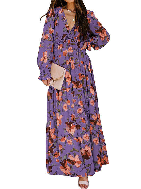 Flower Print Pleated Ruffled High Waisted Long Sleeves V-Neck Maxi Dresses