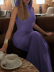 Bodycon High Waisted Hooded Solid Color Split-Back Maxi Dresses