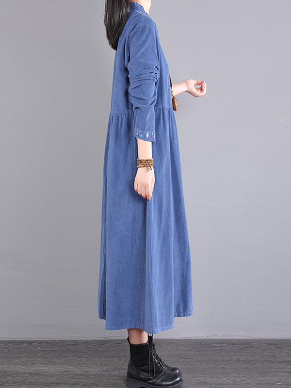 Vintage Corduroy Long Sleeves A-Line Embroidered Solid Round-Neck Midi Dresses