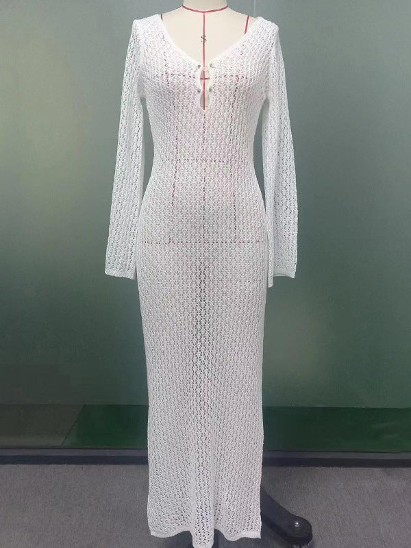Hollow See-Through Smocked Solid Color Sun protection Loose Deep V-Neck Maxi Dresses Beach Cover-Up