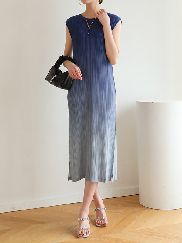 Gradient Pleated Split-Side Loose Sleeveless Round-Neck Midi Dresses