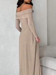 High Waisted Long Sleeves Solid Color Off-The-Shoulder Maxi Dresses