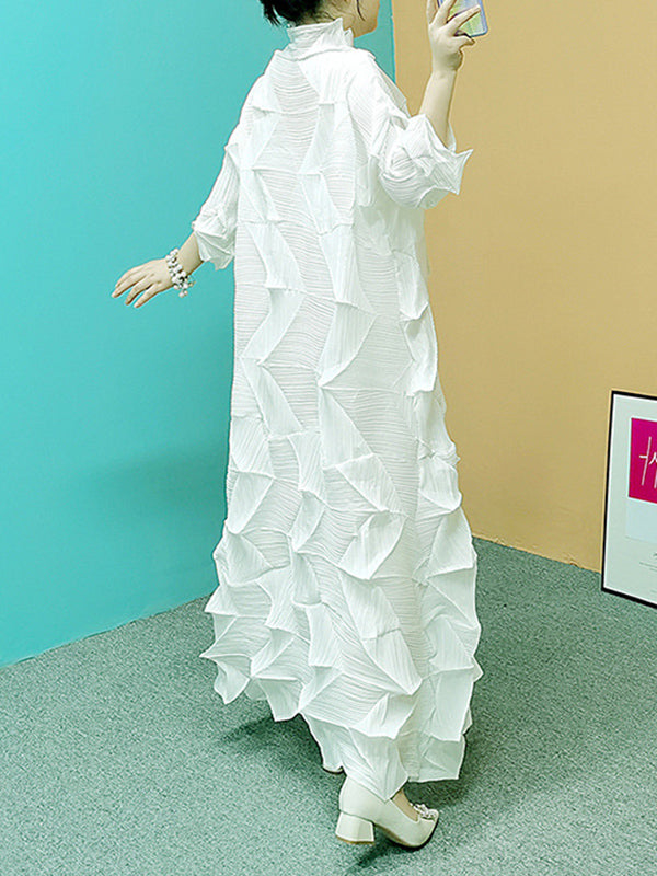 Pleated Solid Color Long Sleeves Loose Stand Collar Maxi Dresses