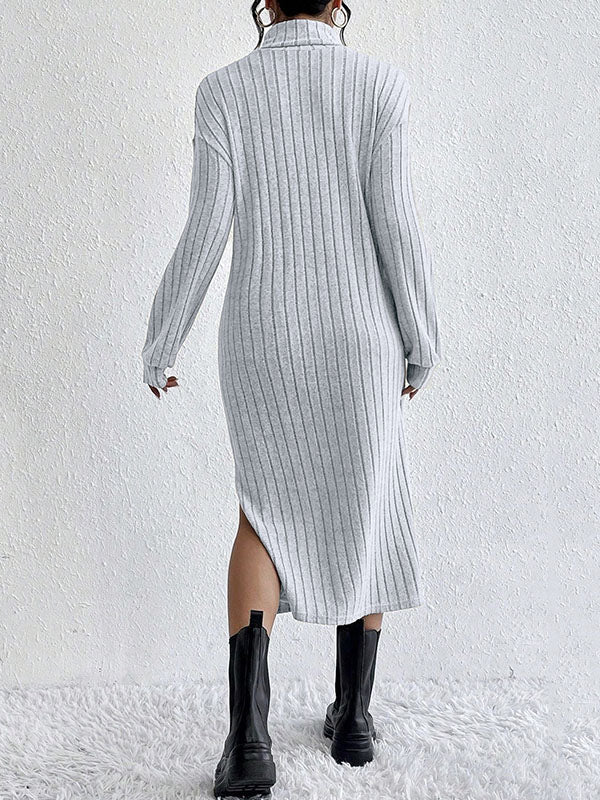 Long Sleeves Loose No Belt Solid Color Split-Side High Neck Midi Dresses