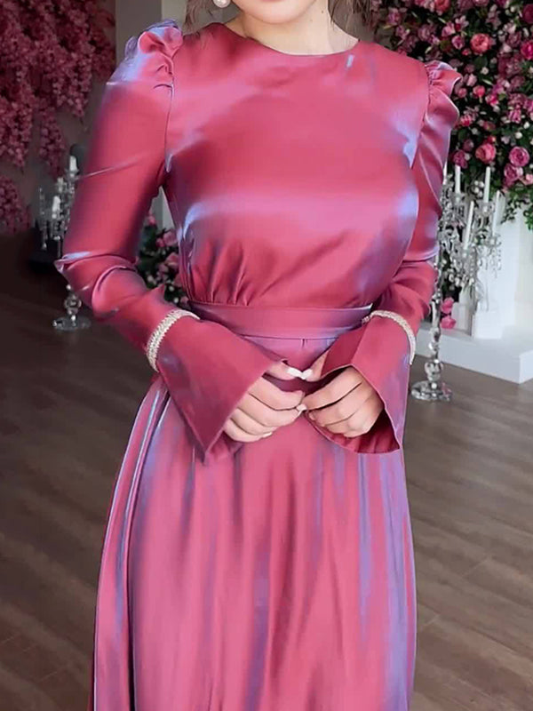 Pleated Solid Color Tied Waist Zipper A-Line Long Sleeves Round-Neck Maxi Dresses