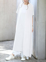 Loose Short Sleeves Pleated Solid Color Split-Joint Round-Neck Midi Dresses