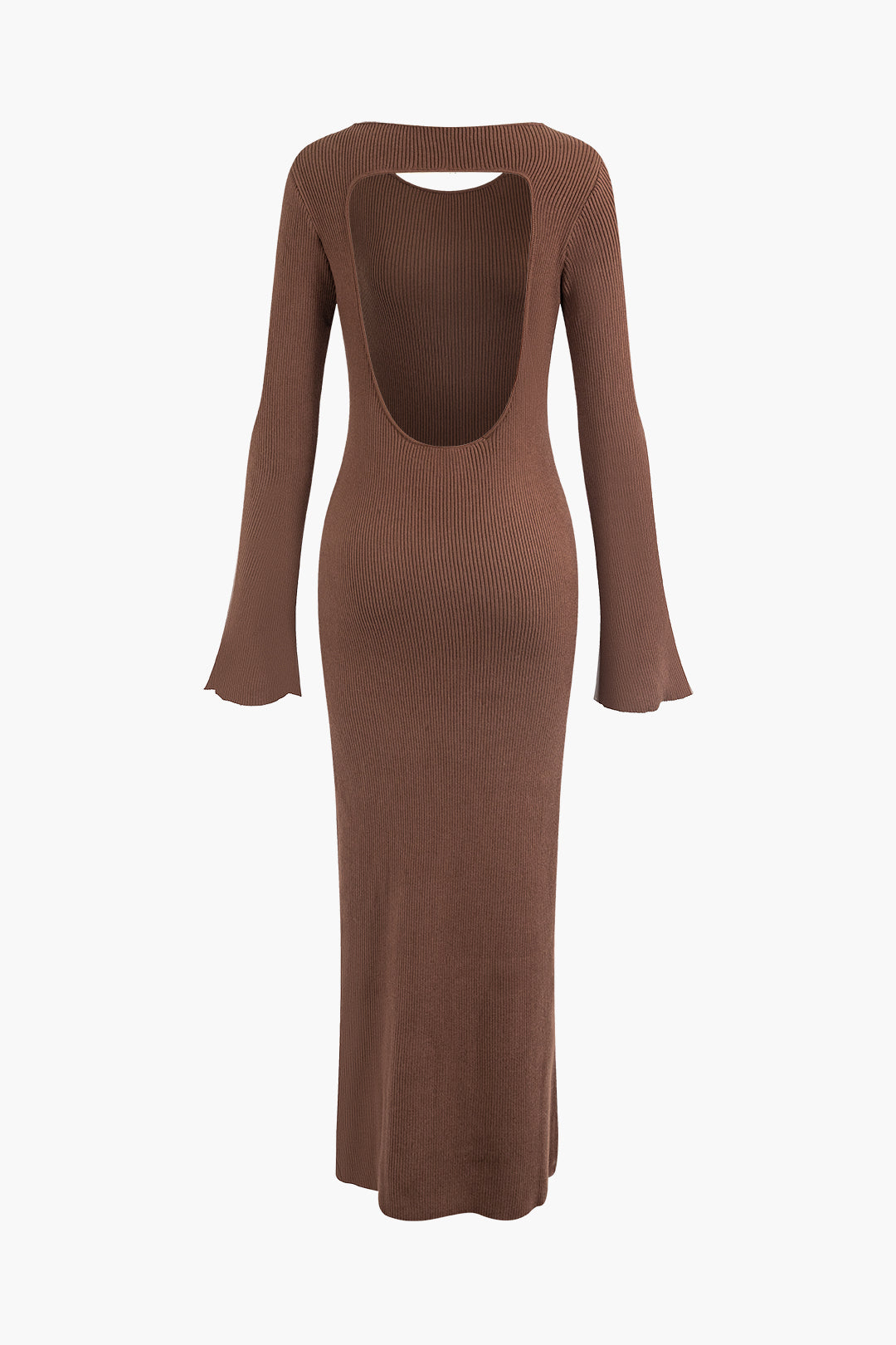 Solid Rib Knit Backless Bell Sleeves Maxi Dress