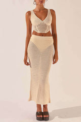 Set aus transparentem Strick-Tanktop mit V-Ausschnitt und Maxirock 