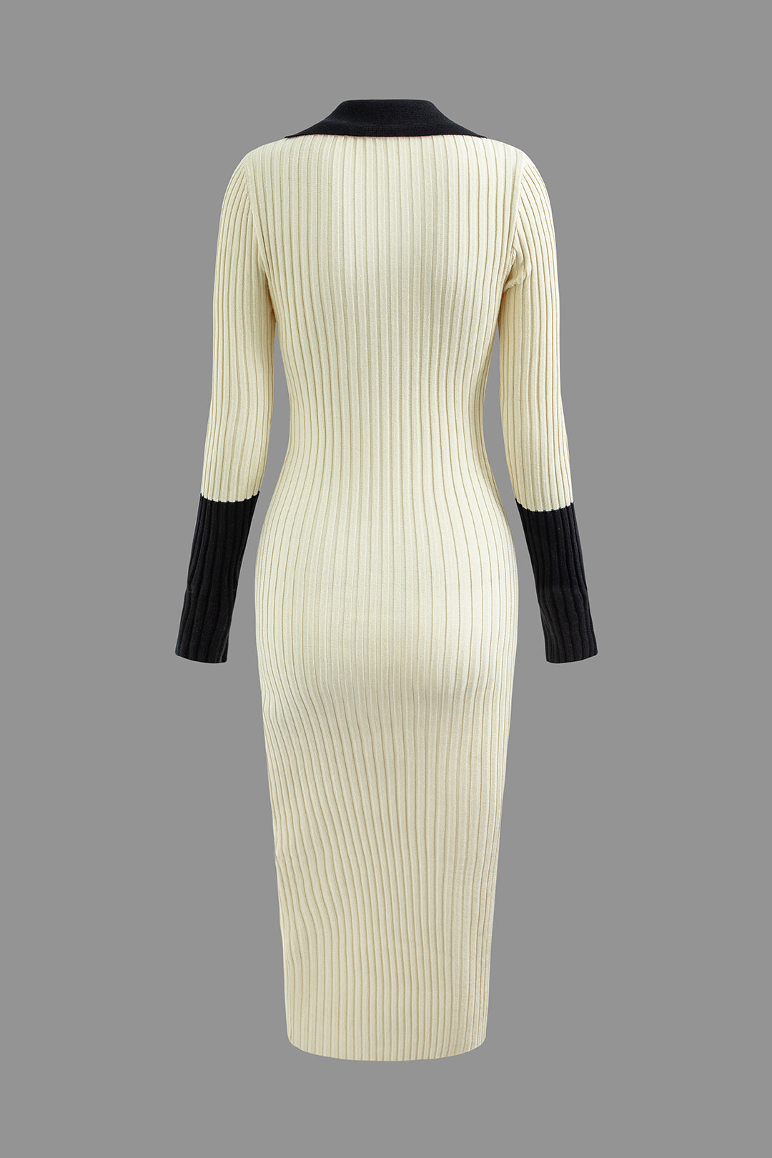 Contrast V-neck Collar Rib Knit Midi Dress