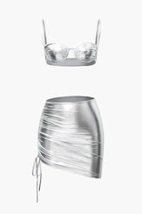 Metallic Bra Top And Asymmetric Drawstring Mini Skirt Set