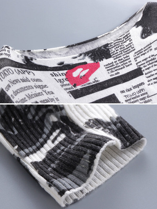 Urban Loose One-Shoulder Printed Split-Joint Sweater